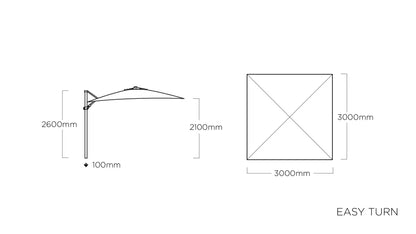 KETTLER EASY TURN Ampelschirm – 300 × 300 cm, 360° Drehfunktion, Kurbel, UV-Schutz UPF 50+