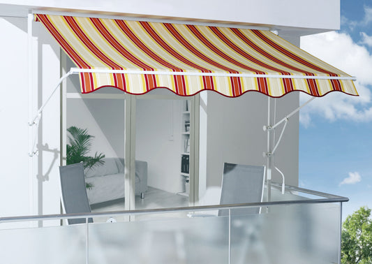 Klemmmarkise Fallarmmarkise Balkon ausgefahren orange mit Streifen Sonnenschutz