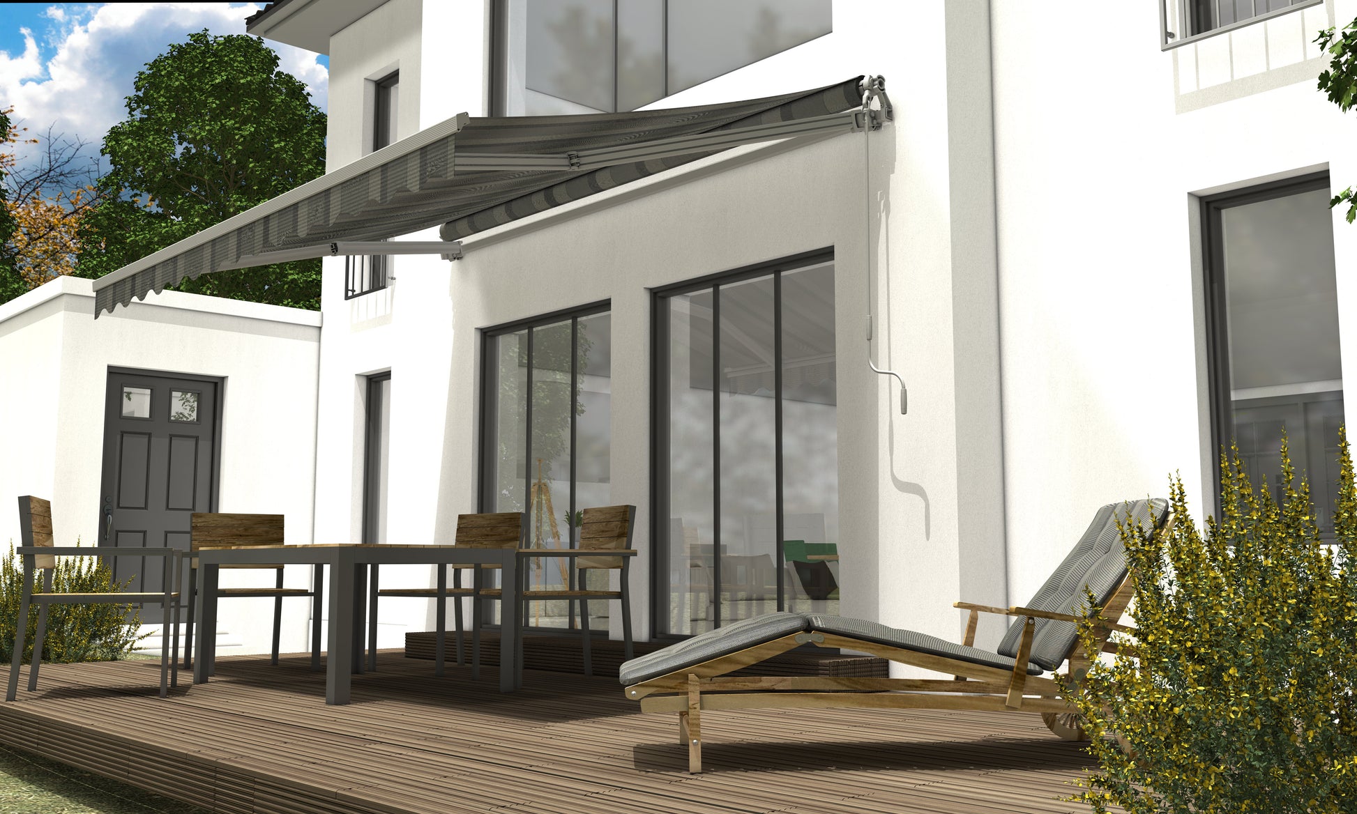 Gelenkarmmarkise Terrasse ausgefahren Sonnenschutz