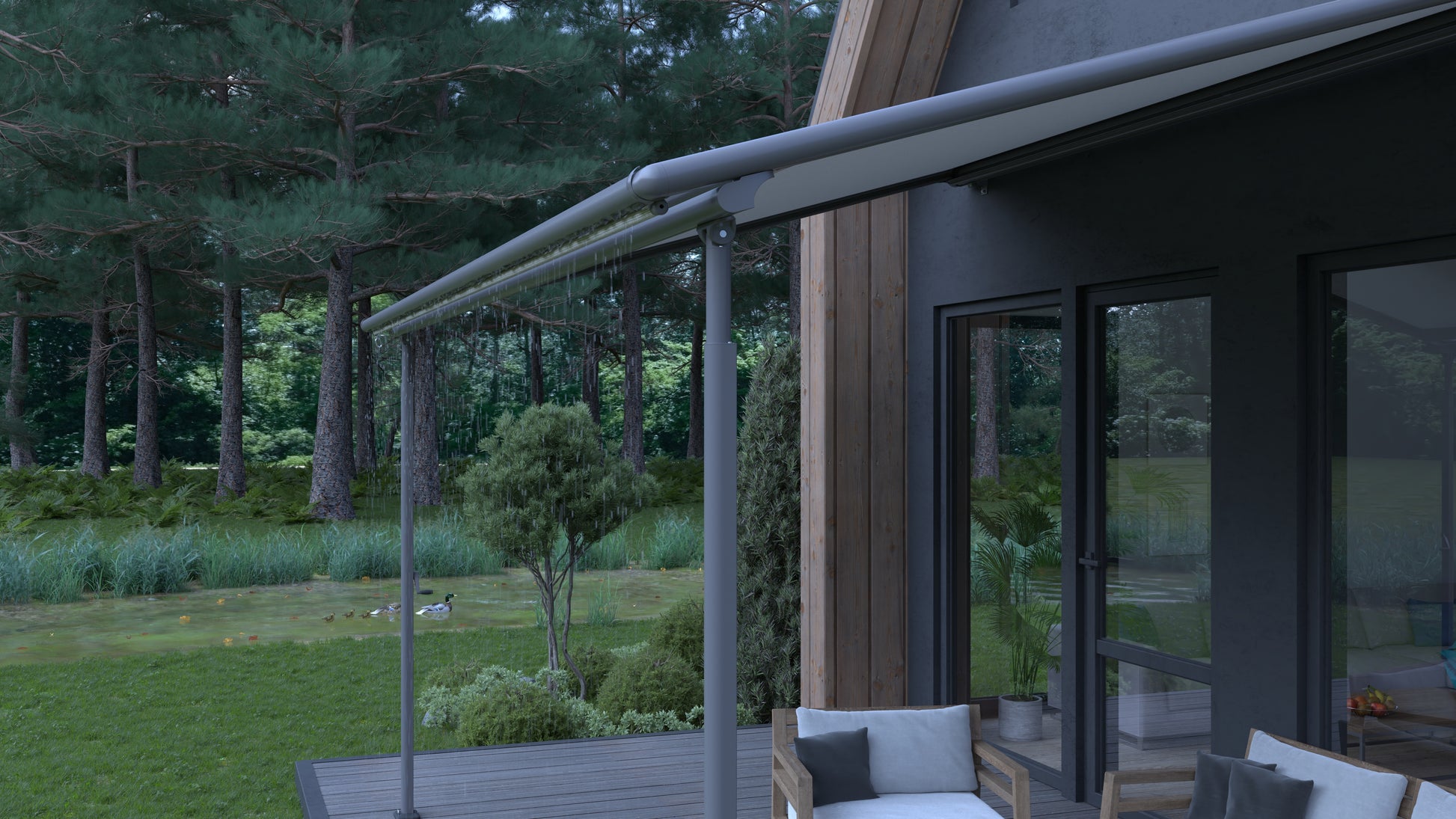 Pergola Markise Terrasse Regenschutz Regenwasserablauf