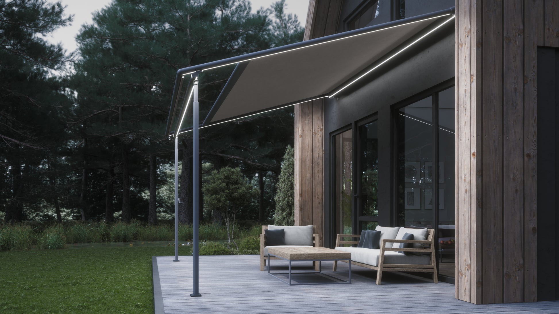 Pergola Markise Terrasse Seitenansicht LED Beleuchtung Wetterschutz